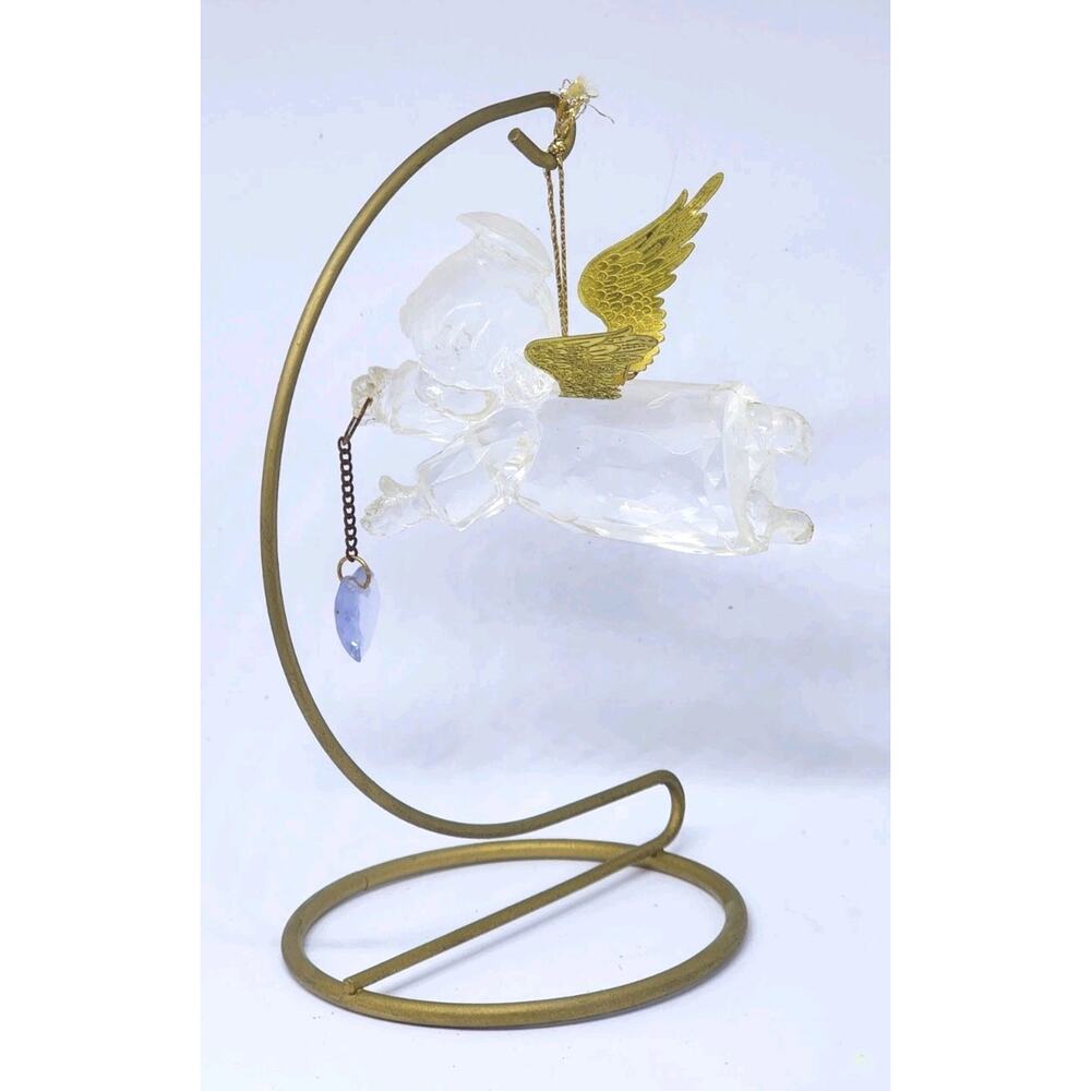 VNTG 90S Flying Baby ANGEL BLUE Heart Ornament Acrylic Metal Stand Wings Gold